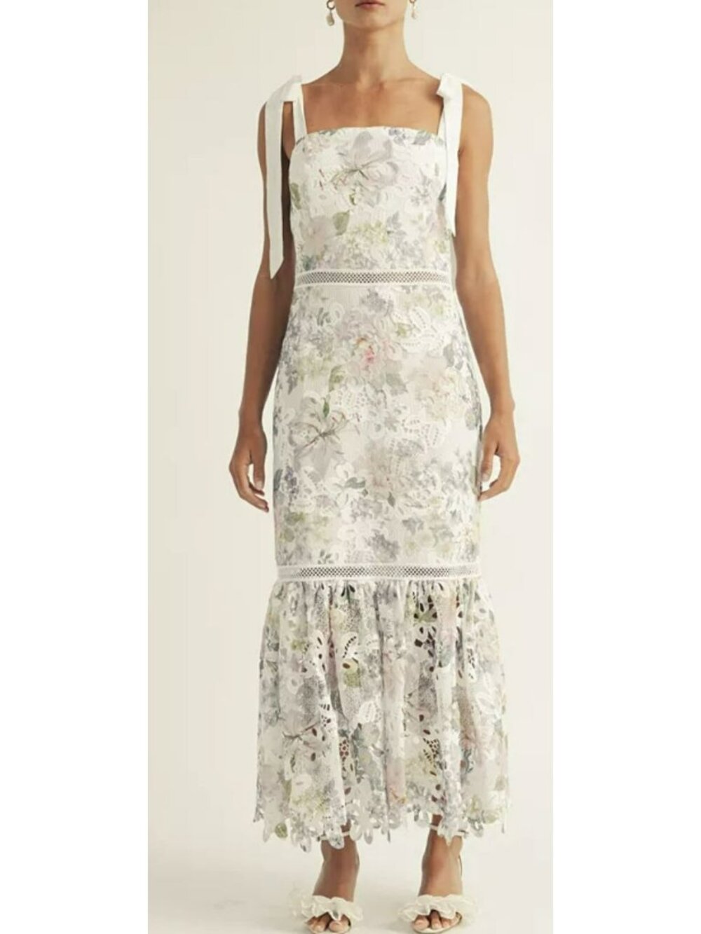 Floral Lace Midi Dress With Bow Straps & Ruffle Hemline By Just Me Size Small